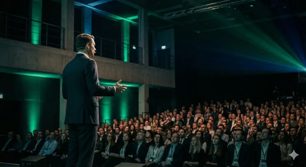Palestrante no palco com plateia ao fundo, iluminação dramática